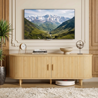 Easoger 58" Sliding Door TV Stand with Charging Station, Fluted Vertical Grille Wood Entertainment Center, Curved Oval Shape Storage Cabinet,Oak