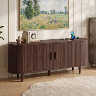 Easoger 58" Sliding Door TV Stand with Charging Station, Fluted Vertical Grille Wood Entertainment Center, Curved Oval Shape Storage Cabinet,Brown