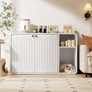 Easoger Cat Litter Box Enclosure with Side Entry, Wooden Litter Box Cabinet with Arched Door & Ventilation, Multifunctional End Table for Living Room, Bedroom,White