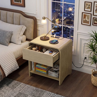 Easoger Set of 2 Nightstands with Storage Drawer & Open Shelf, 21.65" Modern Minimalist Nightstand with Soft-Close Sliding Drawer, Wooden Side Table for Living Room Bedroom,oak