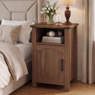 Easoger Set of 2 Farmhouse Nightstand with Charging Station, Modern End Tables with Drawer & Cabinet, USB & Type-C Ports, Wood Rustic Bedside Table for Bedroom, Walnut