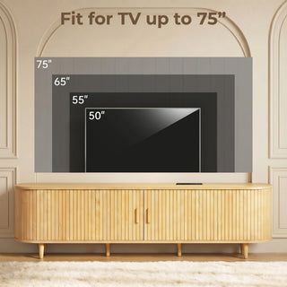 Easoger 70" Sliding Door TV Stand with Charging Station, Fluted Vertical Grille Wood Entertainment Center, Curved Oval Shape Storage Cabinet, Oak