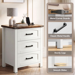 Easoger Set of 2 Farmhouse 3-Drawer Nightstands with Charging Station & USB-C, 18" Wide Rustic White Wood Bedside Table for Bedroom