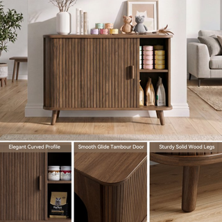 Cat Litter Box Enclosure with Sliding Doors, Wooden Cat Furniture Cabinet with 2 Storage Shelves & Top Table, Kitty-Friendly Round Entry, Hide Messy,Walnut
