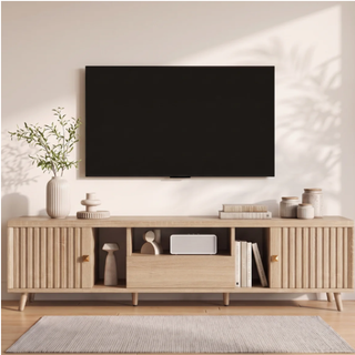 Easoger 70" TV Stand for TVs Up to 75", Modern Farmhouse Entertainment Center with 2 Doors & Open Storage, Oak Finish with Lattice Door Design, Media Console