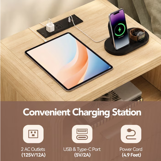 Easoger Fluted Nightstand with Charging Station, 19.7" Wide Bedside Table with USB & Type-C Ports, 2 Drawers & Open Shelf, Curved Oak End Table for Bedroom