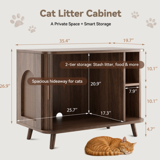 Cat Litter Box Enclosure with Sliding Doors, Wooden Cat Furniture Cabinet with 2 Storage Shelves & Top Table, Kitty-Friendly Round Entry, Hide Messy,Walnut
