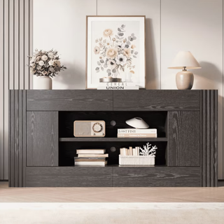 asoger 70" Farmhouse TV Stand, Entertainment Center for TVs up to 80", with Large Cabinets & Open Shelves, Black