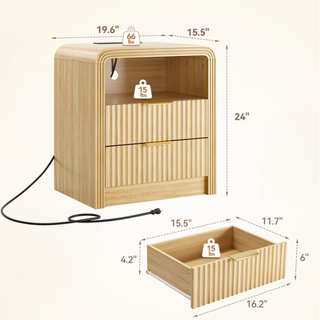 Easoger Set of 2 Fluted Nightstand with Charging Station, 19.7" Wide Bedside Table with USB & Type-C Ports, 2 Drawers & Open Shelf, Curved Oak End Table for Bedroom