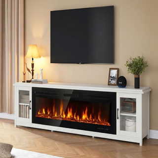 80" Electric Fireplace TV Stand, Alexa & Wi-Fi Controlled Entertainment Center with Glass Door Cabinets, Fits TV up to 90", 12 Flame Colors & 5 Brightness Levels, White