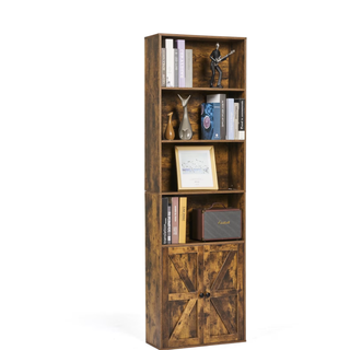 Easoger 6-Tier Barn Door Bookshelf with Hidden Storage, Tall Narrow Bookcase with Magnetic Lock, 71" Freestanding Display Shelf for Living Room, Study, Bedroom（Brown single）