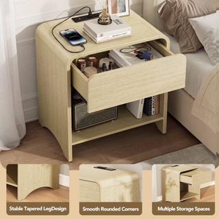 Easoger Set of 2 Nightstands with Storage Drawer & Open Shelf, 21.65" Modern Minimalist Nightstand with Soft-Close Sliding Drawer, Wooden Side Table for Living Room Bedroom,oak