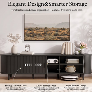Easoger 80" Sliding Door TV Stand with Charging Station, Fluted Vertical Grille Wood Entertainment Center, Curved Oval Shape Storage Cabinet,Black