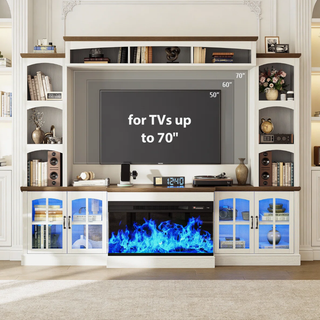 Easoger 98" Wall Unit Entertainment Center with 3-Sided Electric Fireplace, Farmhouse TV Stand for TVs Up to 70", Large Storage with Glass Doors & Shelves, White+Light Walnut