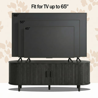Easoger 58" Sliding Door TV Stand with Charging Station, Fluted Vertical Grille Wood Entertainment Center, Curved Oval Shape Storage Cabinet,Black
