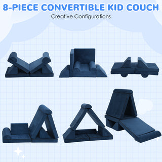 8pcs Modular Kids Play Couch, DIY Creativing Kids Explorer Floor Sofa , Versatile Convertible Foam and Floor Cushion for Toddlers Boys and Girls, Blue