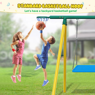 Metal Swing Sets for Backyard,Heavy-Duty Outdoor Kids Playsets for Playground,Outside Toys with 2 Swings,Trapeze Bar and Basketball Hoop for Aged 3-12