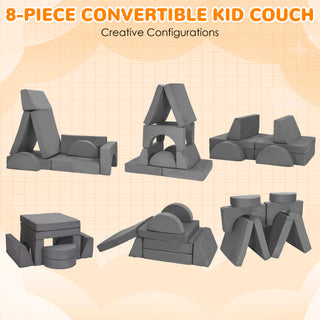 8pcs Modular Kids Play Couch,DIY Creativing Kids Explorer Floor Sofa , Versatile Convertible Foam and Floor Cushion for Toddlers Boys and Girls, Gray