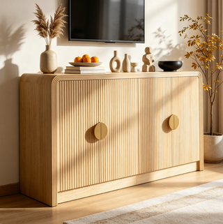 Easoger 55" Fluted Buffet Sideboard Cabinet, Modern Mid Century Console Cabinet with Adjustable Shelves & Wavy Grain Doors for Living Room, Oak color