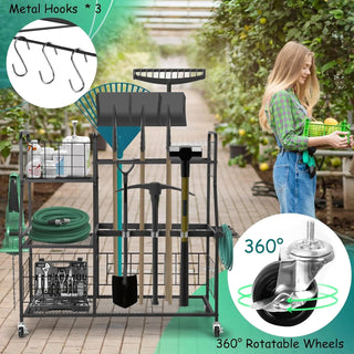 3 - Tier Garden Tool Organizer with Wheels and Extra Storage Basket - Ideal for Shed, Garage, Garden, Yard, and Lawn