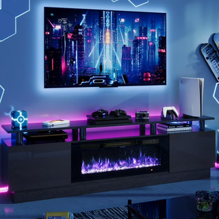Easoger Fireplace TV Stand, Entertainment Center for TVs up to 80", 70” TV Stand with 36'' Electric Fireplace, LED Lights Entertainment Center, TV Console, Black