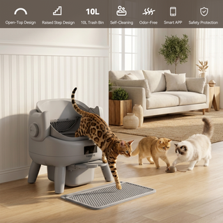 Osoeri Self-Cleaning Cat Litter Box,Open-Top Large Automatic Cat Litter Box for Multiple Cats,APP Control,Integrated Safety Protection,Odor-Free,with Trash Bags,Waterproof Mat and Litter Mat,Gray