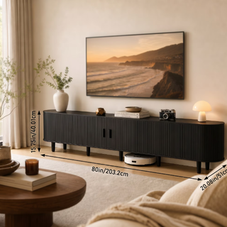Easoger 80" Curved Oval Sliding Door TV Stand with Built-in Charging Station, Fits Up to 85 Inch TV, Black Wood Grain Media Console for Living Room Bedroom
