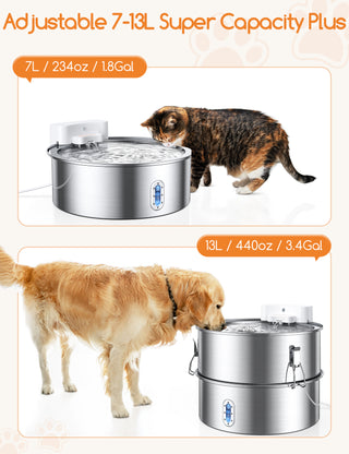 Dog Water Fountain for Large Dog, 7-13L Variable Volume Stainless Steel Pet Water Fountain for Cats & Dogs Multi-pet Home