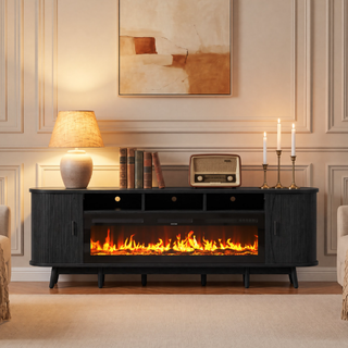 Easoger 97" Mid-Century Modern Fireplace TV Stand with 60" Electric Fireplace, 12 Color Flames & Dual Heat Settings, Large Entertainment Center for TV, Storage Cabinets & Shelves