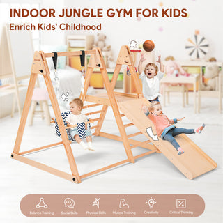 Indoor Baby Climbing Toys, 7-in-1 Playground Jungle Gym Montessori Waldorf Style Wooden Toddlers Climber Playset, Basketball Hoop, Slide, Rock Climbing Wall for Children Kids