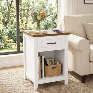 Easoger Farmhouse Nightstand Set of 2 with Charging Station & Large Storage, End Tables with Outlets & USB Ports for Bedroom,Walnut+White