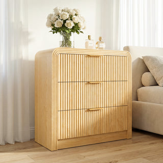 Easoger 19.7" Fluted Nightstand with Charging Station, 3 Drawers Modern Bedroom Side Table with USB-C & Gold Handles, Natural Oak