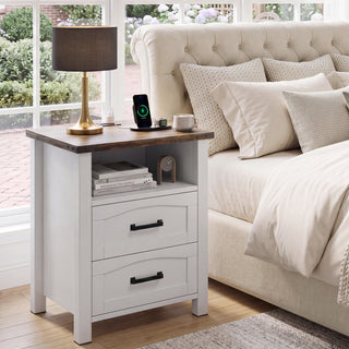 Easoger Farmhouse Nightstand with Charging Station, 18" Wide Rustic End Table with USB/Type-C Ports & 2 Drawers for Bedroom, White+Walnut