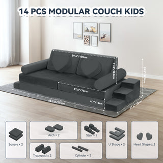 14pcs Modular Kids Play Couch, Child Sectional Sofa, Fortplay Bedroom and Playroom Furniture for Toddlers, Convertible Foam and Floor Cushion for Boys and Girls, Gray