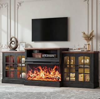 Easoger 97" TV Stand with Electric Fireplace, 3-Sided Glass Display Media Console for Over 100" TVs, Large Storage with Glass Doors & Shelves, LED Backlight, Walnut + Black Oak