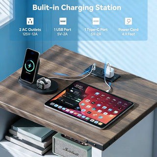 Evmore 2-Drawer Nightstand Set with Charging Station, 18" Farmhouse Bedside Tables with Open Storage Shelf & USB-C, White and Walnut Wood End Tables for Small Bedrooms