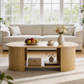 Easoger 42.5" Oval Coffee Table with 2-Tier Storage, Mid-Century Modern Center Table with Fluted Pedestal Base, Wooden Side Table for Living Room, Home Office,Oak