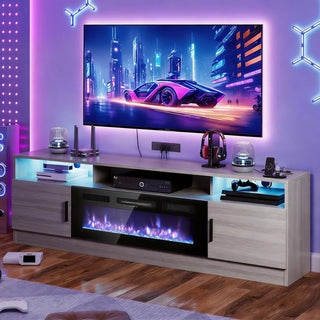 Easoger 70" Fireplace TV Stand, Gaming Media Console with 12 Color LED Backlights & 3 Outlets, Storage Shelves & Cabinets, Grey