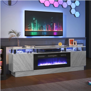 Easoger 70” Fireplace TV Stand, Entertainment Center for TVs up to 80", with 36'' Electric Fireplace, LED Lights Entertainment Center, TV Console,Gray