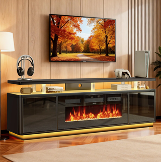 Easoger 70" 2-Tier TV Stand with 36" Electric Fireplace, Modern Entertainment Center with LED Lights & Acrylic Legs, Media Console for TVs up to 80" for Living Room,Black