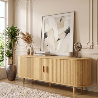 Easoger 58" Sliding Door TV Stand with Charging Station, Fluted Vertical Grille Wood Entertainment Center, Curved Oval Shape Storage Cabinet,Oak