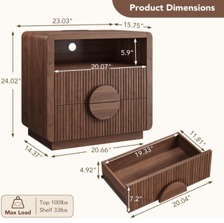 Easoger Nightstand with Charging Station, 24" H 2-Drawer Side Table with USB & Type-C Ports, Slatted Wood End Table for Bedroom Living Room Office, Walnut