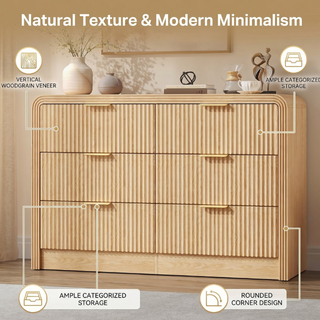 Easoger 47.2" 6-Drawer TV Stand & Dresser, Mid-Century Modern Storage Cabinet with Textured Oak Drawers, Multi-Functional Chest for Bedroom Living Room, Oak