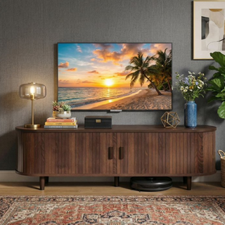 Easoger 65" Sliding Door TV Stand with Charging Station, Fluted Vertical Grille Wood Entertainment Center, Curved Oval Shape Storage Cabinet,Walnut