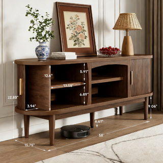 Easoger 58" Mid Century TV Stand for TVs up to 65", Entertainment Center with Power Outlet, Fluted Sliding Doors & Adjustable Shelves, Natural Media Console for Living Room