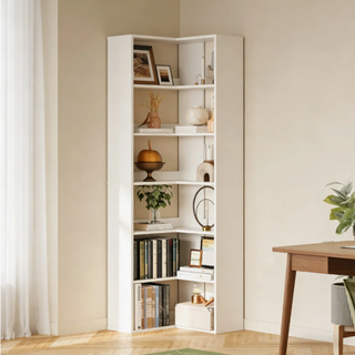 Easoger 23 inch 6-Tier Corner Bookshelf with Baffles, L-Shaped Tall Bookcase for Home Office, Space-Saving Storage Shelf with Anti-Tip Device for Bedroom Living Room, White