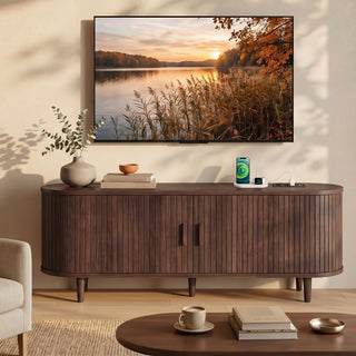 Easoger 58" Sliding Door TV Stand with Charging Station, Fluted Vertical Grille Wood Entertainment Center, Curved Oval Shape Storage Cabinet,Brown