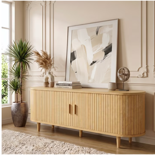 Easoger 58" Sliding Door TV Stand with Charging Station, Fluted Vertical Grille Wood Entertainment Center, Curved Oval Shape Storage Cabinet,Oak