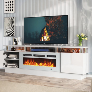 Easoger 70” Fireplace TV Stand, Entertainment Center for TVs up to 80", with 36'' Electric Fireplace, LED Lights Entertainment Center, TV Console, White