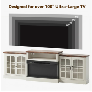 Easoger 97" TV Stand with Electric Fireplace, 3-Sided Glass Display Media Console for Over 100" TVs, Large Storage with Glass Doors & Shelves, LED Backlight, White + Light Walnut